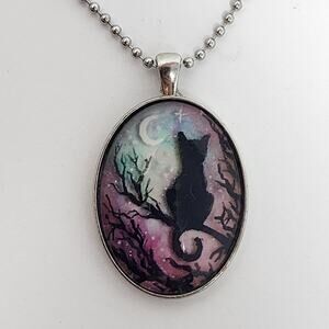 Crossing Paths Black Cat Oval Pendant Necklace